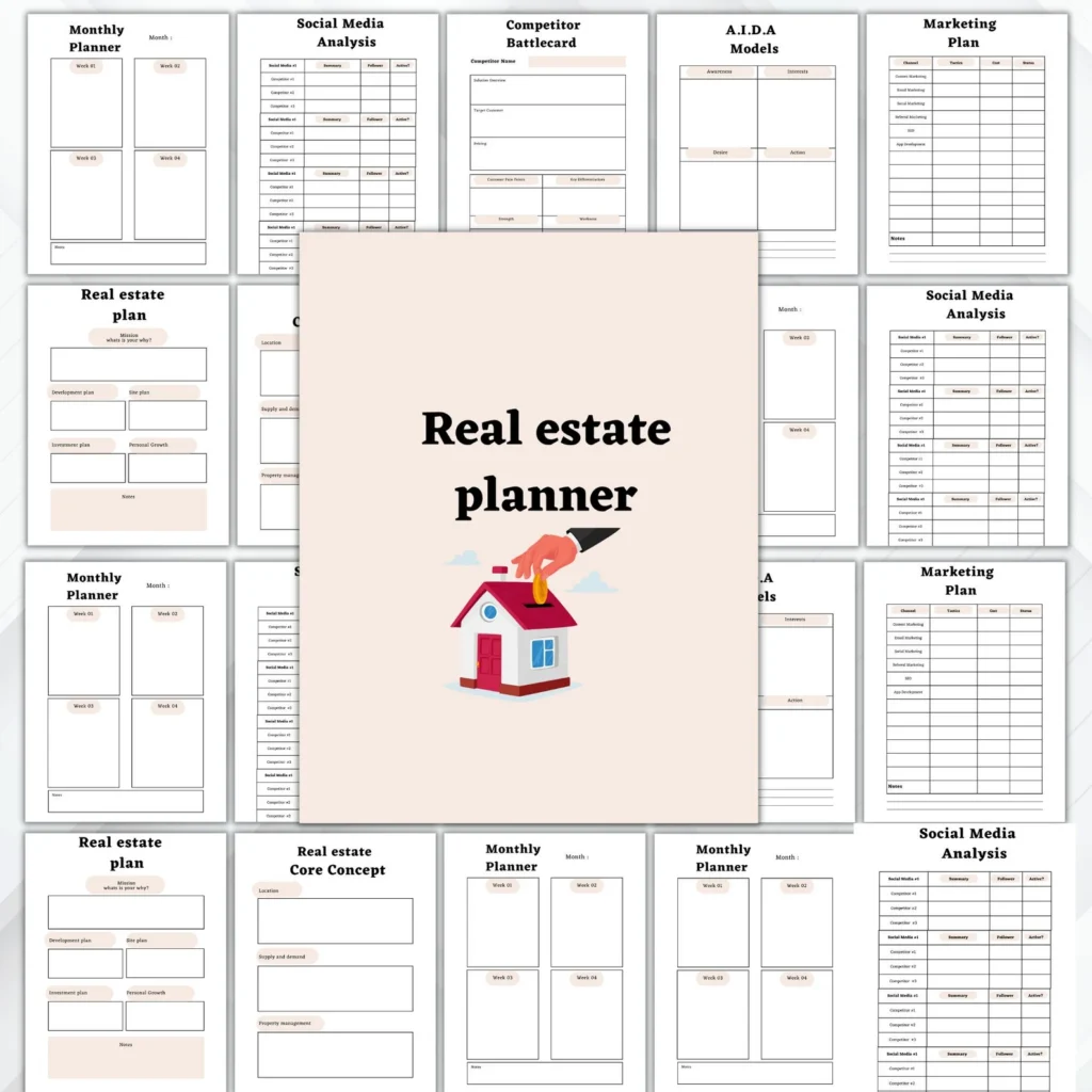 Real estate agent planner, real estate financial planner, best planner for real estate agents, lead generation, goal setting, time management, financial planning, investment tracking, budgeting, wellness, listing management, prospecting, digital planner, physical planner, customization, bonus materials